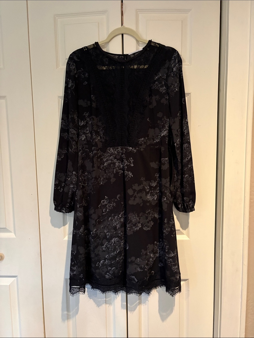 Tahari Black Floral Lace Trim Long Sleeve Dress